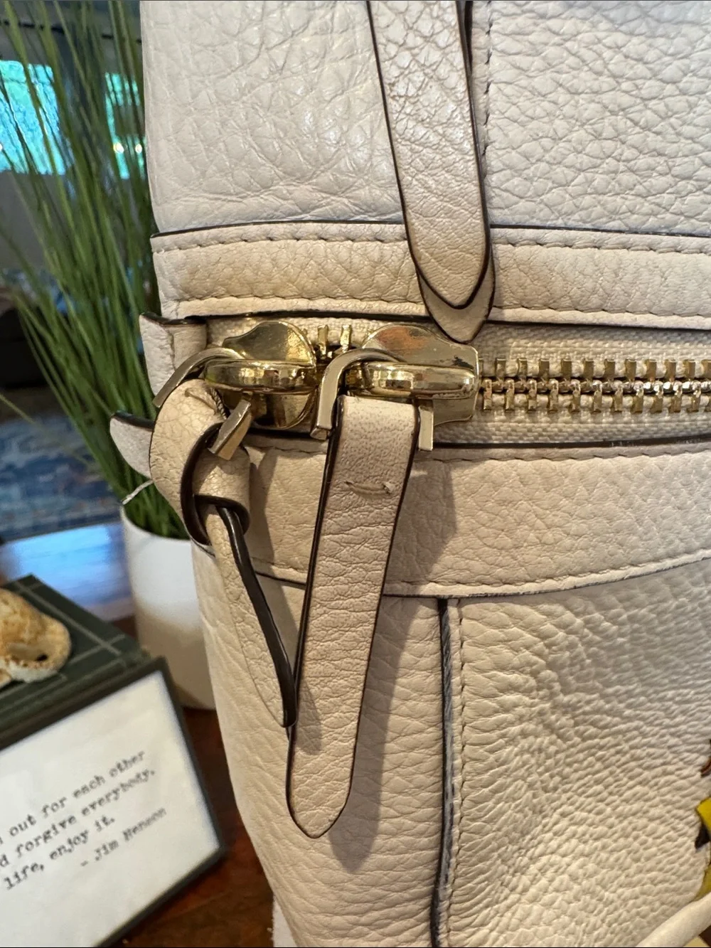 Henri Bendel White Leather Backpack with Multicolor Stitching